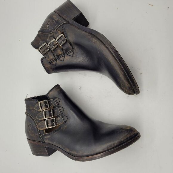 Frye Womens Ray Belted Bootie Ankle Boot Black Distressed Pointed Toe 6.5M - Picture 4 of 10